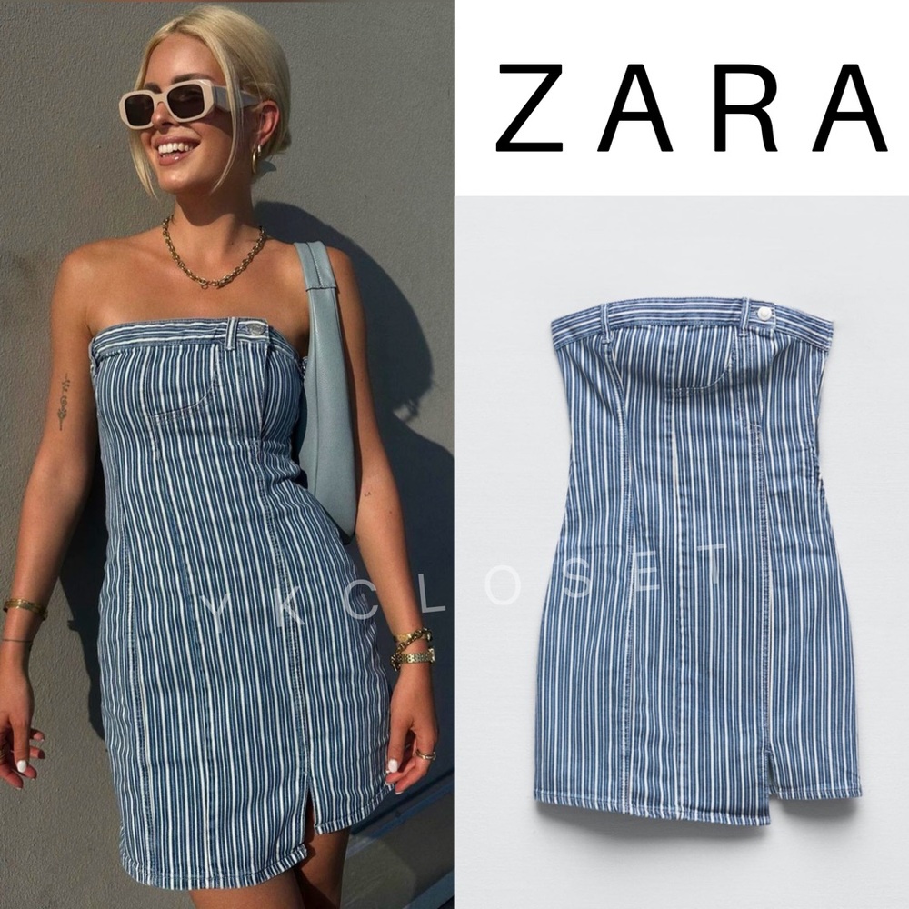 Zara strapless striped denim mini dress